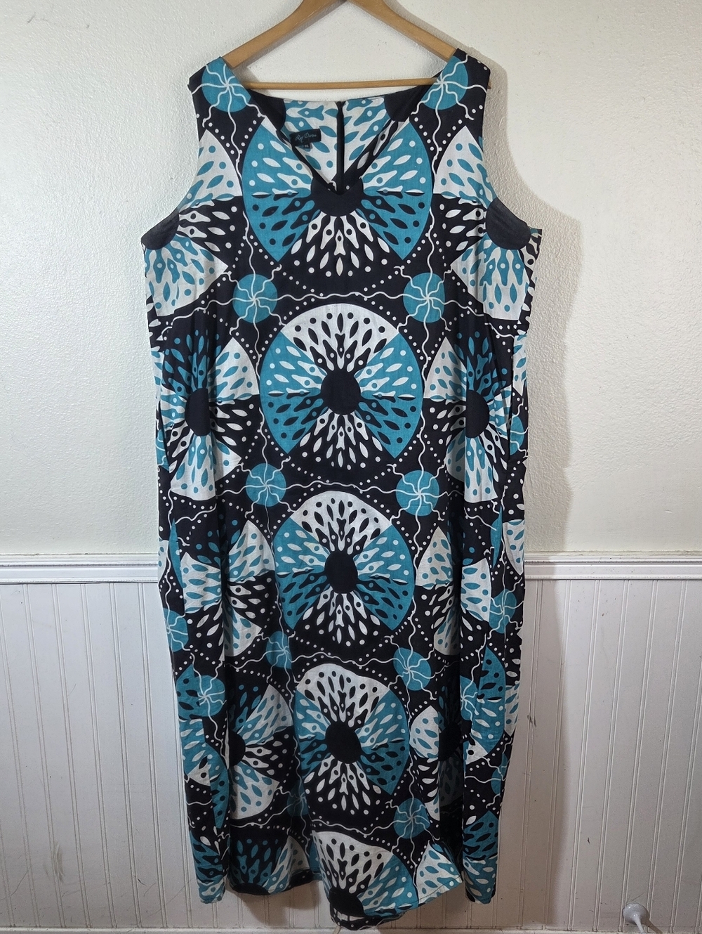 Ray Darten Dress Womens 3XL Blue Black Sleeveless Printed Midi Plus Size